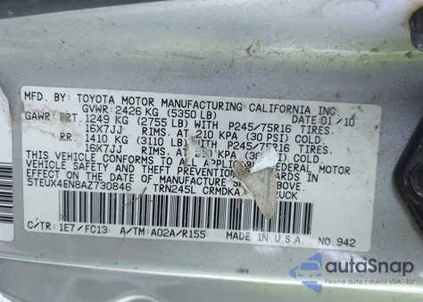 2010 Toyota Tacoma z USA, uszkodzony, nr VIN 5TEUX4EN8AZ730846